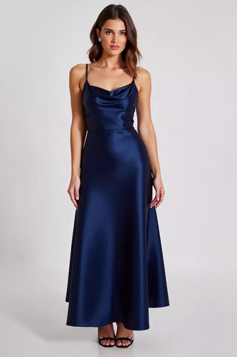 Navy Sheath Ruched Spaghetti Straps Long Formal Dress