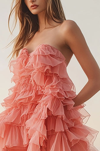 Pink Orange Tiered Tulle Strapless Sweetheart Formal Dress