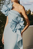 Load image into Gallery viewer, Sky Blue Sheath Ruched Long Formal Dress with 3D Flowers