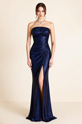 Navy Sequins Sheath Strapless Long Formal Dress with Slit