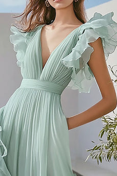 Light Green Tulle V-Neck Long Formal Dress with Ruffles