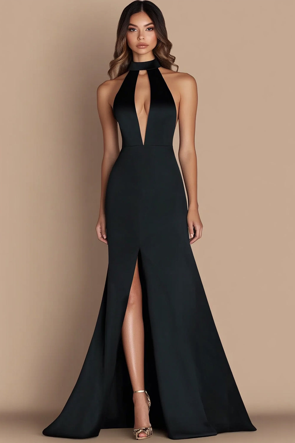 Simple Halter Satin Keyhole Long Black Tie Dress with Slit
