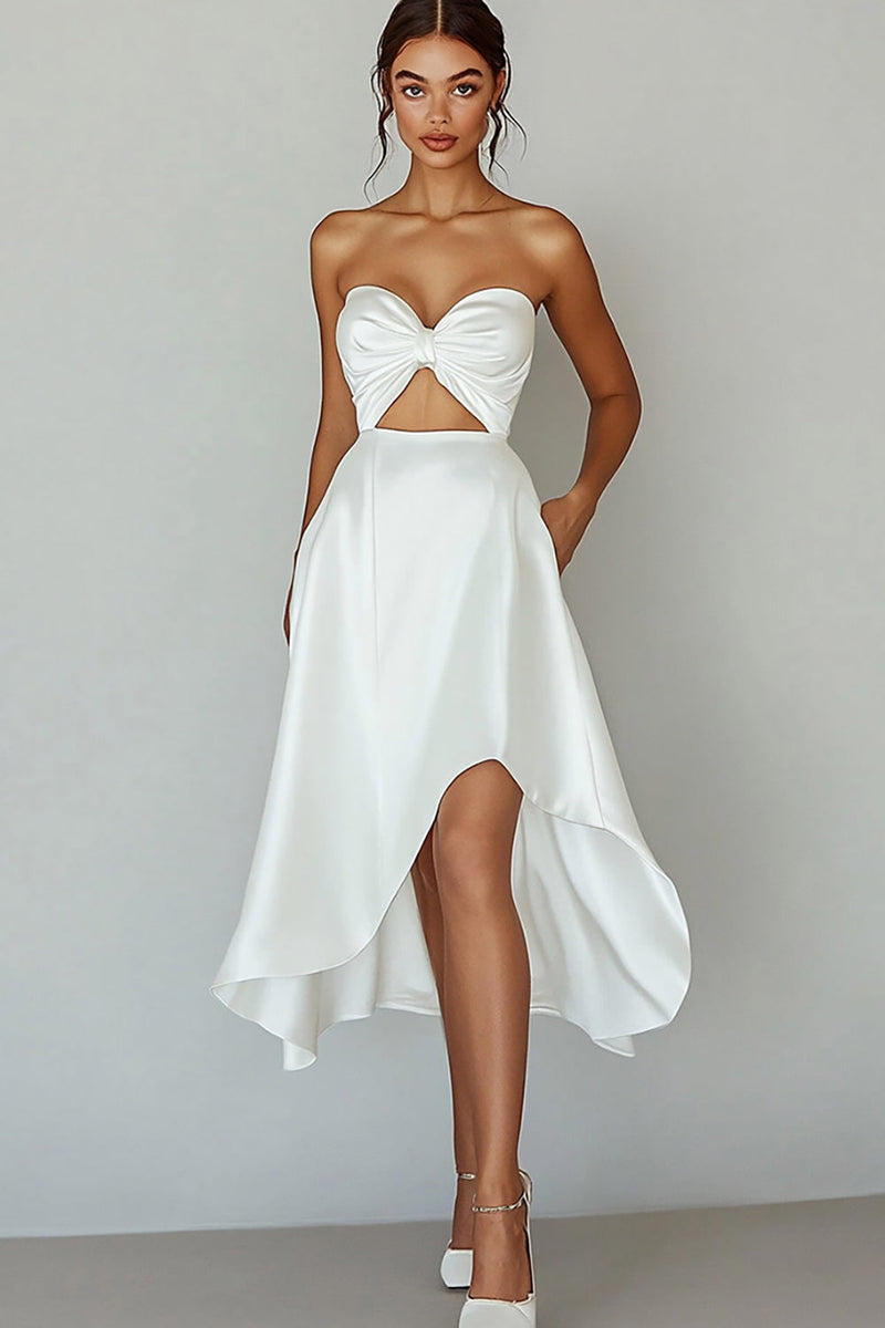 Load image into Gallery viewer, White Sweetheart A Line Satin Keyhole Graduation Dress with Slit