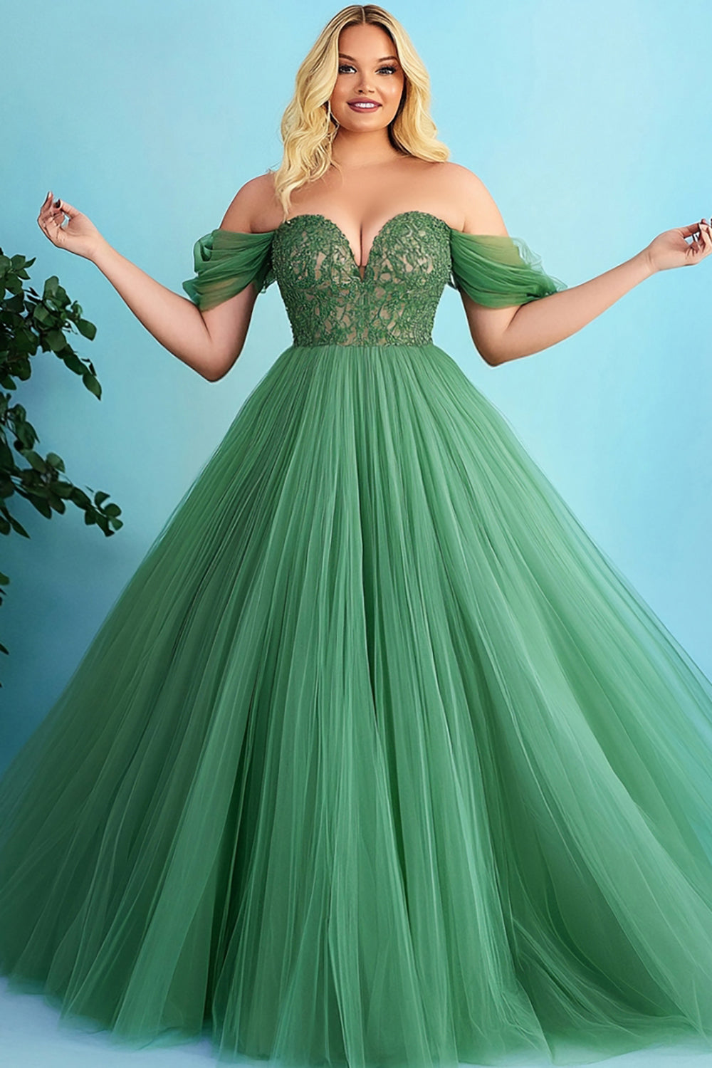 Green Off the Shoulder A Line Long Prom Dress with Appliques