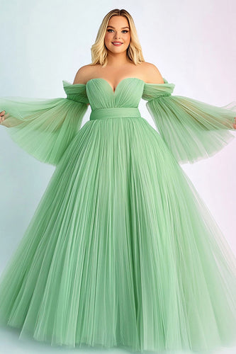 Green A Line Pleated Off the Shoulder Long Plus Size Prom Dress