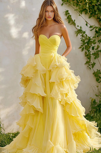 Daffodil Organza Sweetheart Long Ball Gown Prom Dress with Ruffles