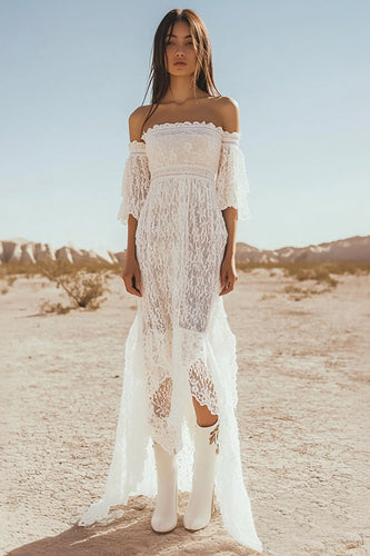 White Lace Off The Shoulder Boho Maxi Dress with Flare Sleeves