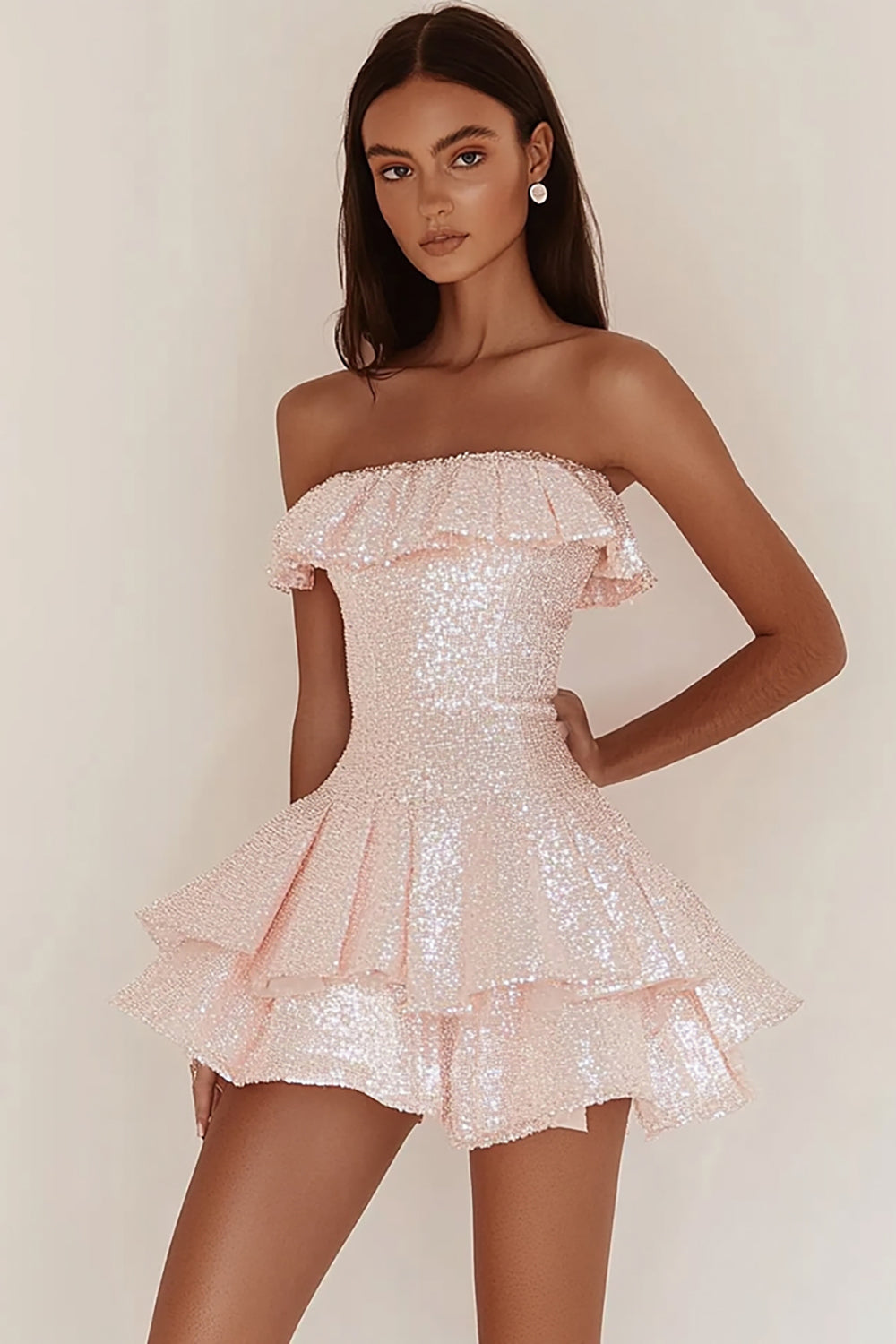 Pink Sequins Strapless Short A Line Graduation Dress