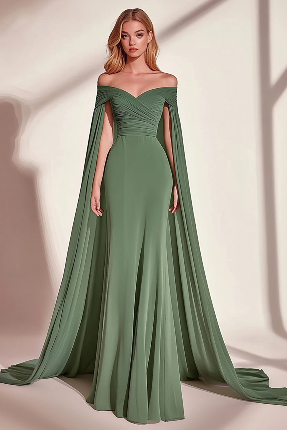 Eucalyptus Sheath Off the Shoulder Pleated Long Prom Dress with Cape