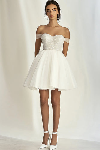 White Tulle Off The Shoulder Short Graduation Dress with Beading