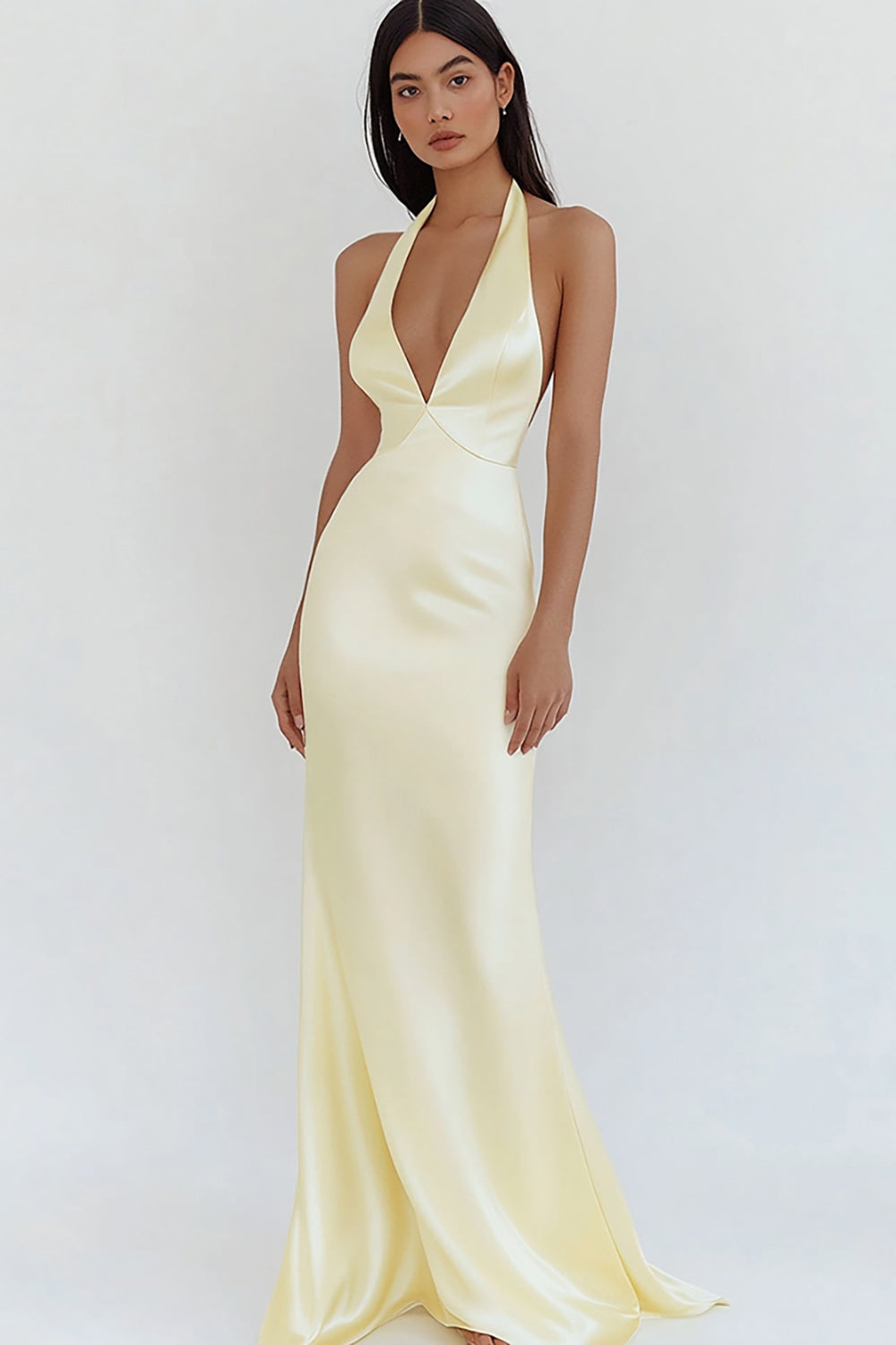 Daffodil Satin Sheath Halter Long Prom Dress