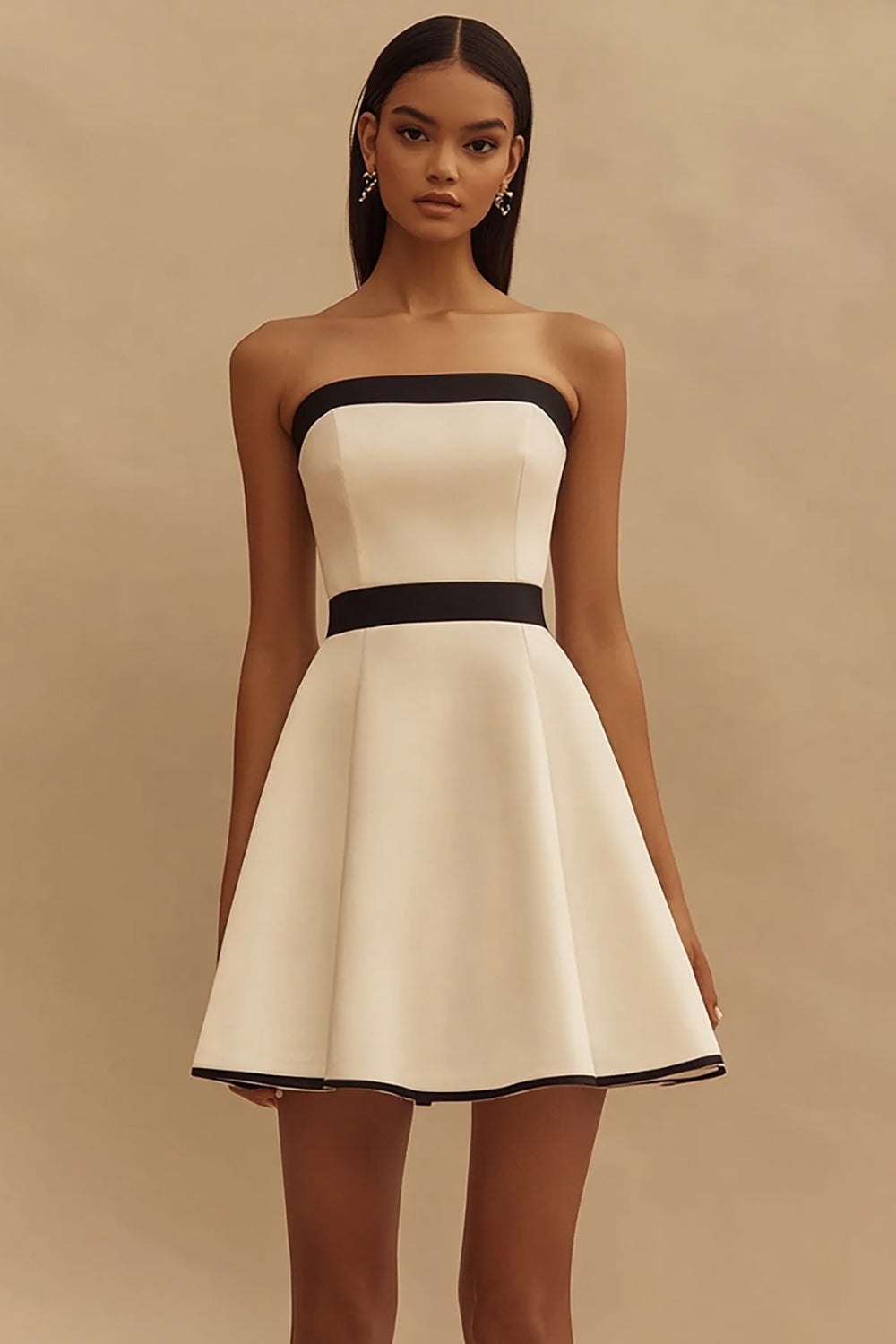 Ivory and Black Satin Strapless Short A Line Graduation Dress