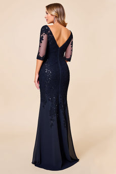 Navy Lace Mermaid Boat Neck Mother of the Bride Dress