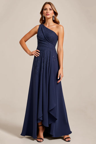 Navy Satin A Line One Shoulder Mother of the Bride Dress with Lace