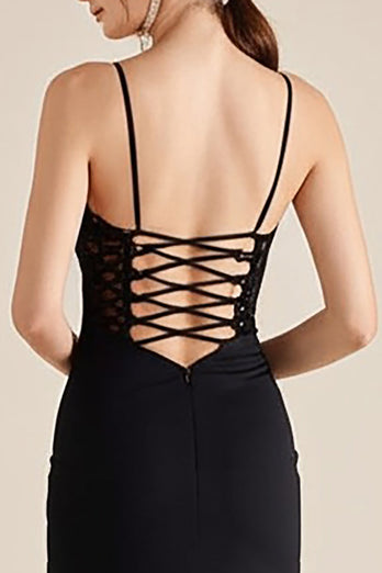 Black Spaghetti Straps Ruched Sheath Formal Dress with Slit