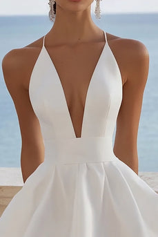White Satin V Neck Ruched A-Line Short Graduation Dress