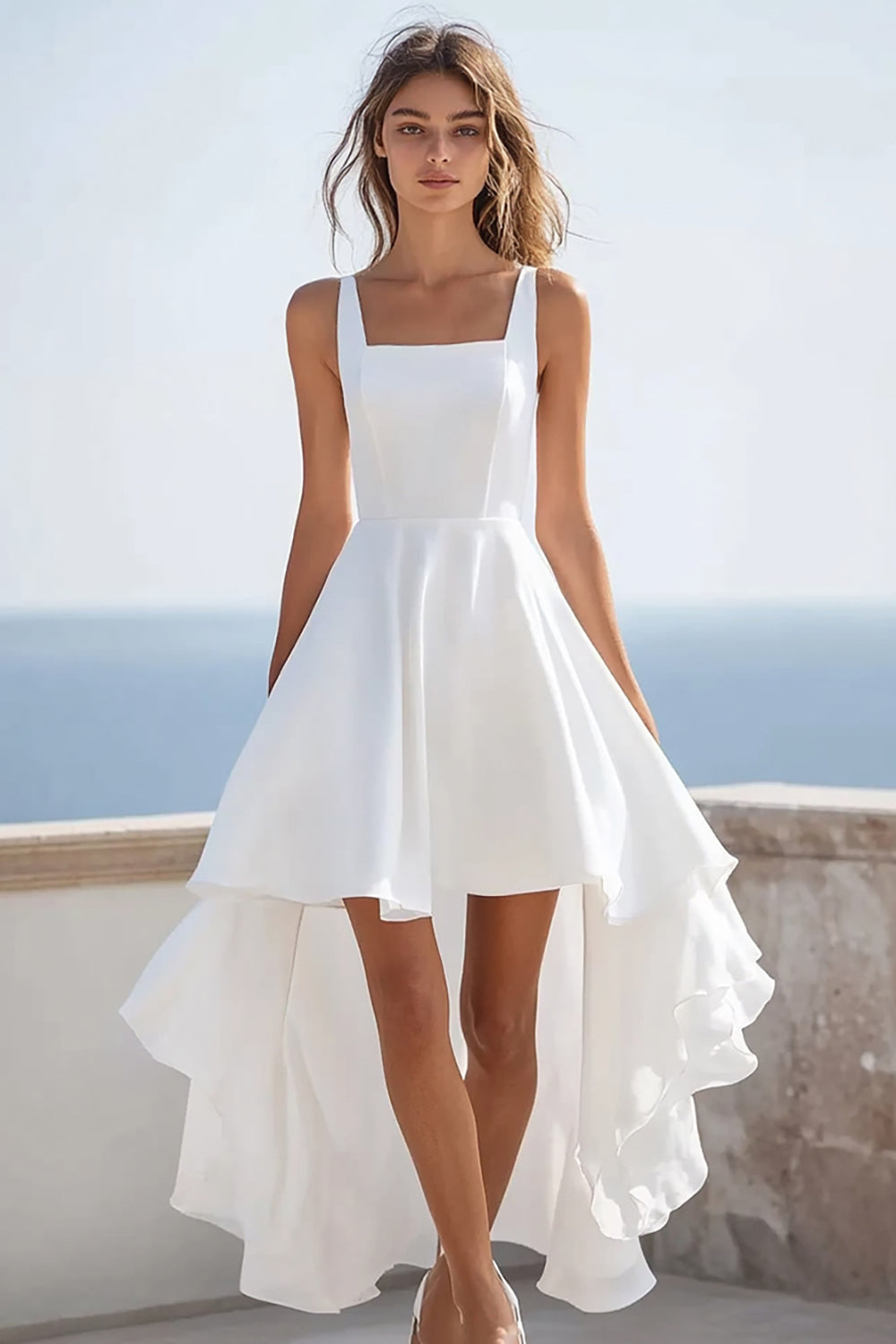 White Satin Square Neck High Low Graduation Dress with Ruffles