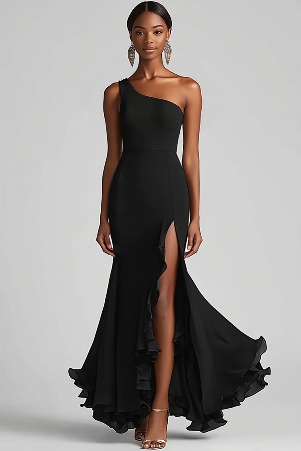 Black Mermaid One Shoulder Chiffon Long Formal Dress with Slit