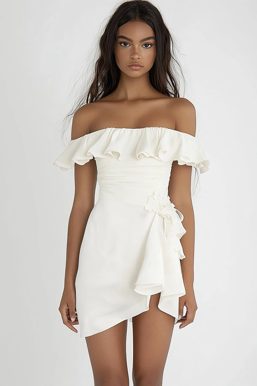 Ivory Off The Shoulder Short Bodycon Graduation Dress with Ruffles