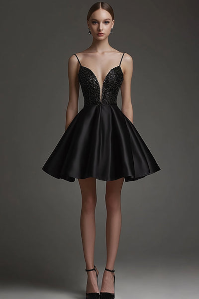 Black Satin V Neck Short A Line Cocktail Dress with Beading