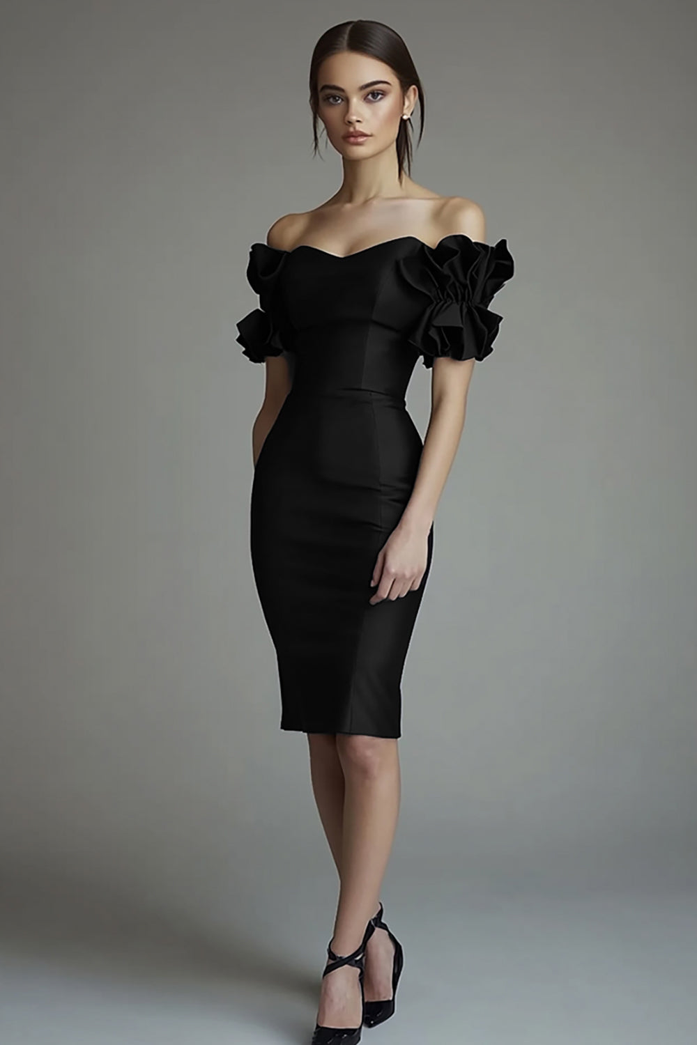 Black Midi Satin Bodycon Formal Dress with Ruffles