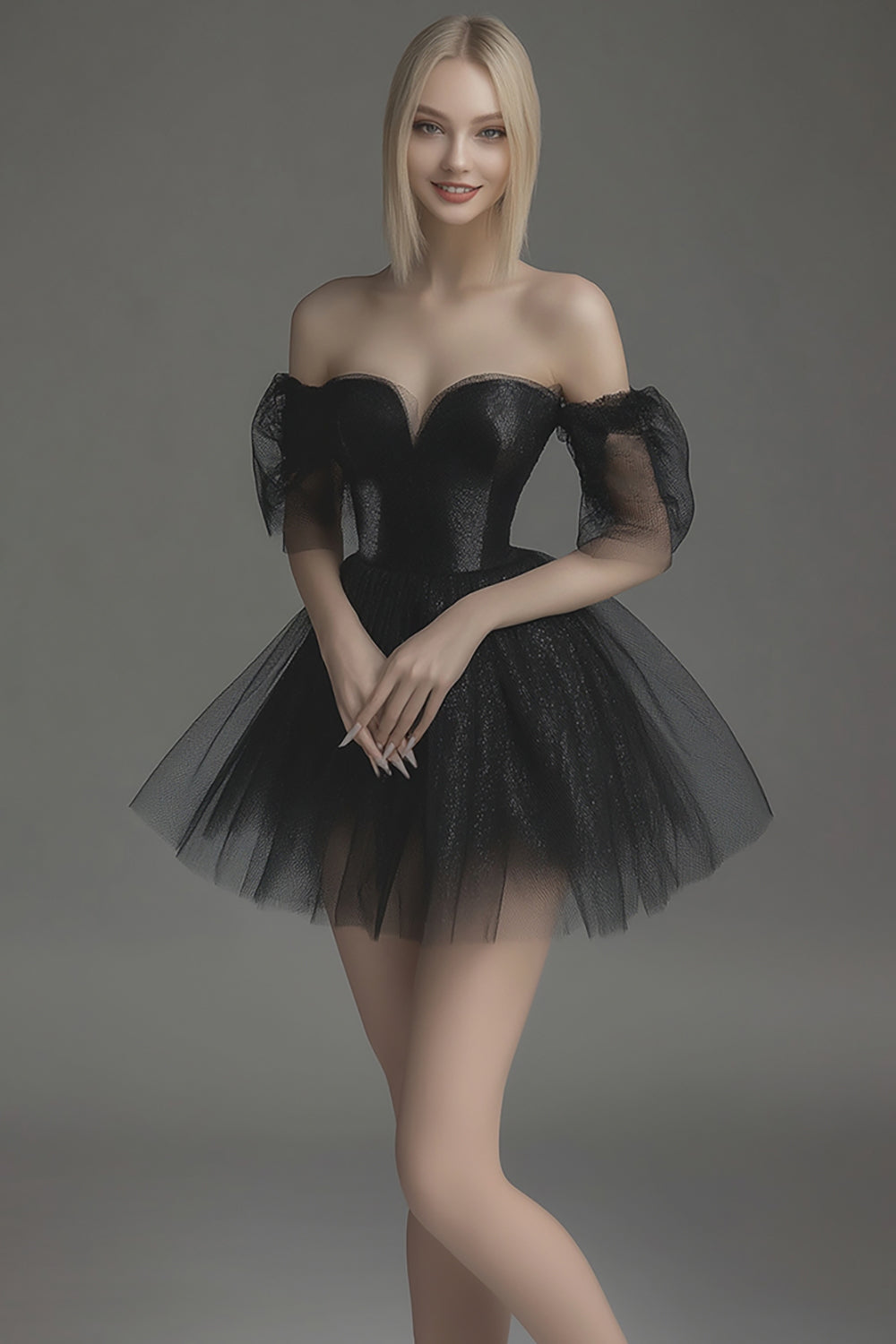 Black Tulle Off The Shoulder Short A Line Cocktail Dress