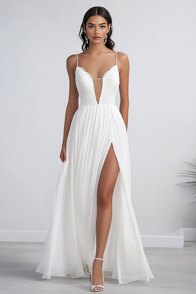 White Chiffon Long A Line Engagement Dress with Slit