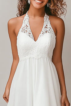 White Chiffon Halter A Line Engagement Dress with Lace