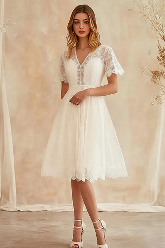 Ivory Chiffon V Neck Midi A Line Graduation Dress with Lace
