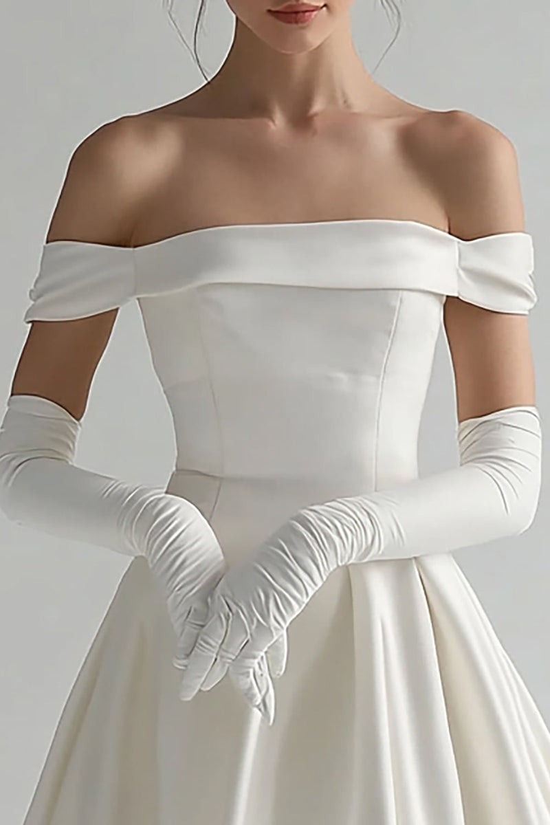 Load image into Gallery viewer, White Satin Off The Shoulder Short A Line Graduation Dress (Gloves are not included)