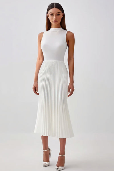 White Sheath High Neck Pleated Chiffon Maxi Rehearsal Dinner Dress