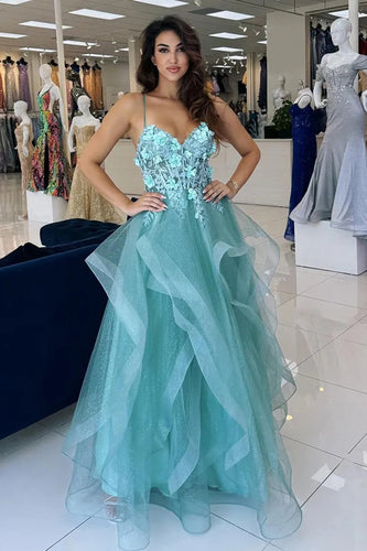 Sparkly Blue Corset A Line Long Tulle Prom Dress with Appliques