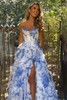 Load image into Gallery viewer, White Blue Flower Tiered Corset Strapless A Line Long Prom Dress