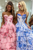 Load image into Gallery viewer, White Blue Flower Tiered Corset Strapless A Line Long Prom Dress