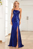 Load image into Gallery viewer, Mermaid Spaghetti Straps Navy Long Prom Dress with Slit