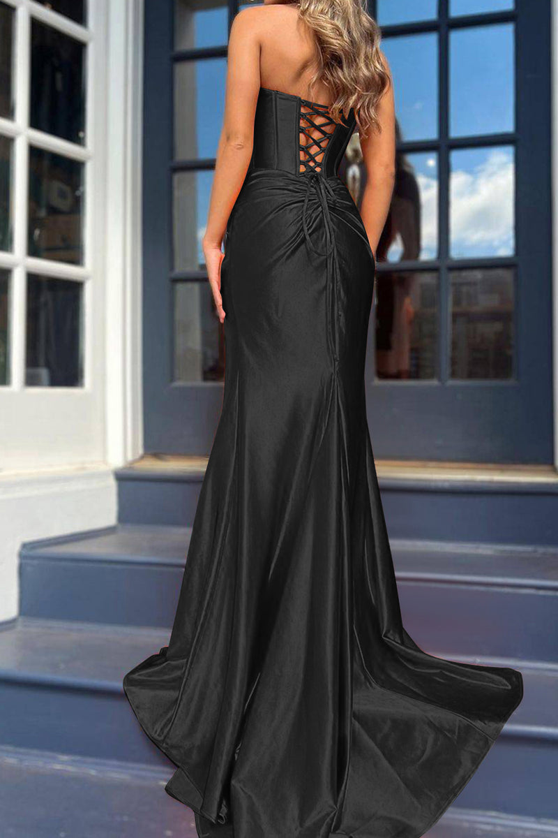 Load image into Gallery viewer, Orange Mermaid Ruched Long Corset Prom Dress with Slit