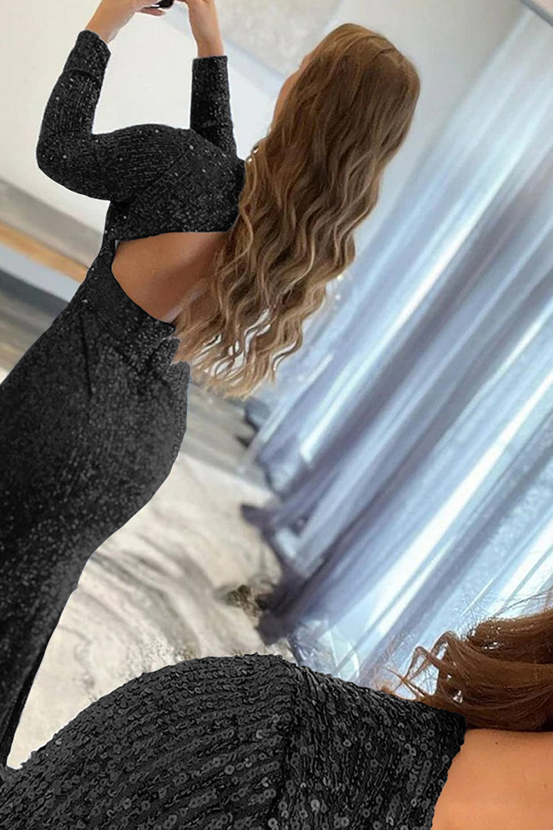 Load image into Gallery viewer, Mermaid Glitter Navy Sequins Mesh Evening Dress Backless Prom Dress