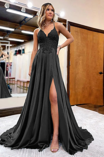 Peacock Green A-Line Spaghetti Straps Long Prom Dress with Slit