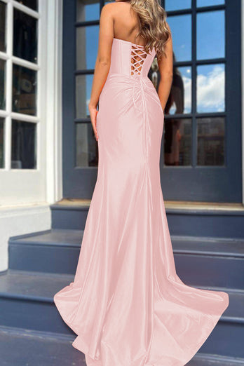 Orange Mermaid Ruched Long Corset Prom Dress with Slit