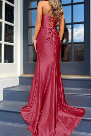 Orange Mermaid Ruched Long Corset Prom Dress with Slit