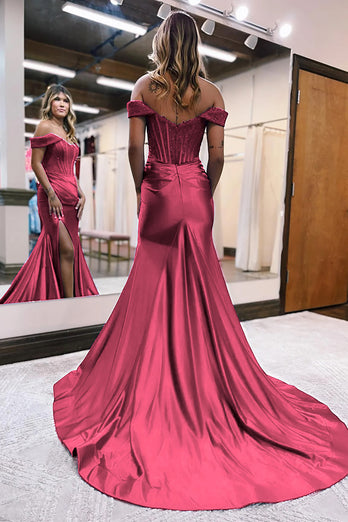 Queendancer Sparkly Burgundy Beaded Mermaid Long Prom Dress with Slit _2