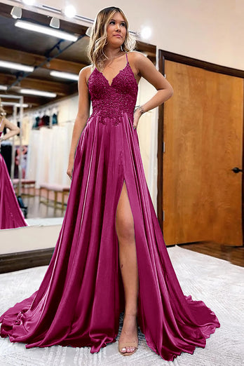 Dark Green Satin A-Line Appliques Prom Dress with Slit