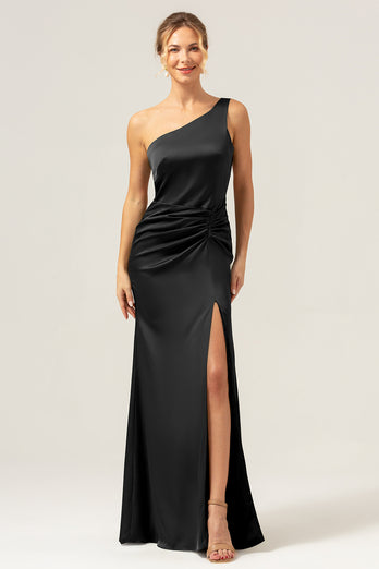 Black Mermaid Ruched Satin Long Bridesmaid Dress with Slit