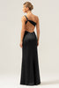 Load image into Gallery viewer, Black Mermaid Ruched Satin Long Bridesmaid Dress with Slit