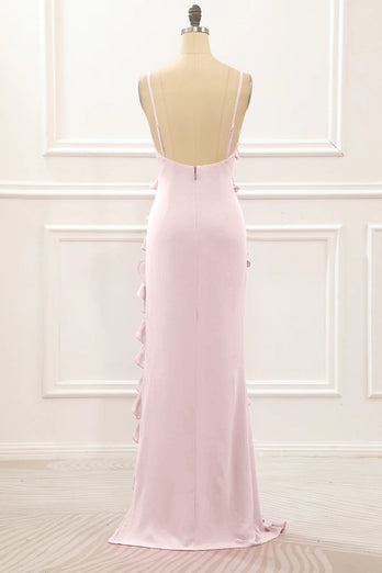 Hot Pink Backless Spaghetti Straps Prom Dress With Slit