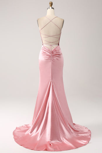 Blush Mermaid Spaghetti Straps Lace-Up Satin Long Prom Dress