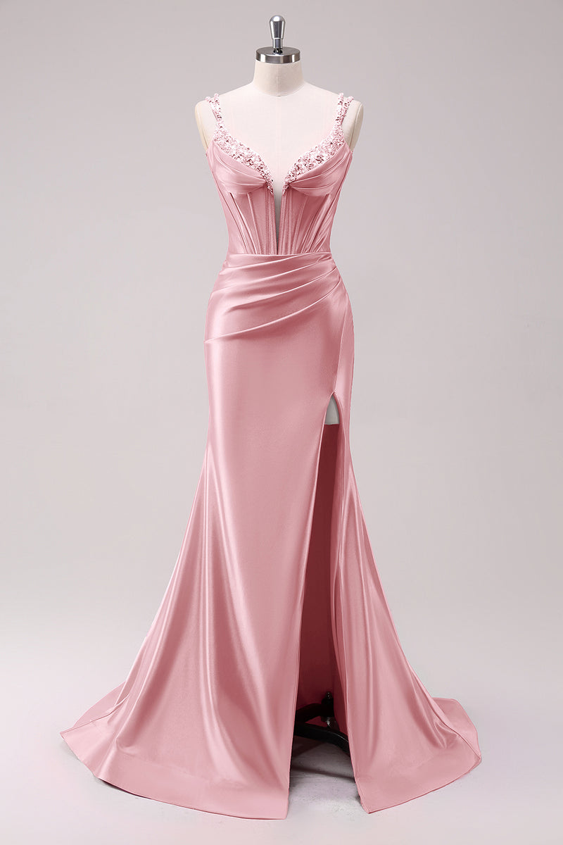 Load image into Gallery viewer, Sparkly Fuchsia Mermaid Beaded Spaghetti Straps Corset Long Prom Dress with Slit