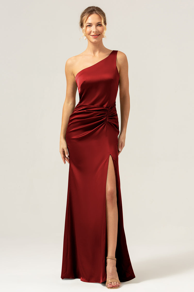 Load image into Gallery viewer, Black Mermaid Ruched Satin Long Bridesmaid Dress with Slit