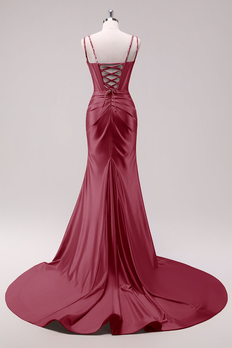 Load image into Gallery viewer, Sparkly Fuchsia Mermaid Beaded Spaghetti Straps Corset Long Prom Dress with Slit