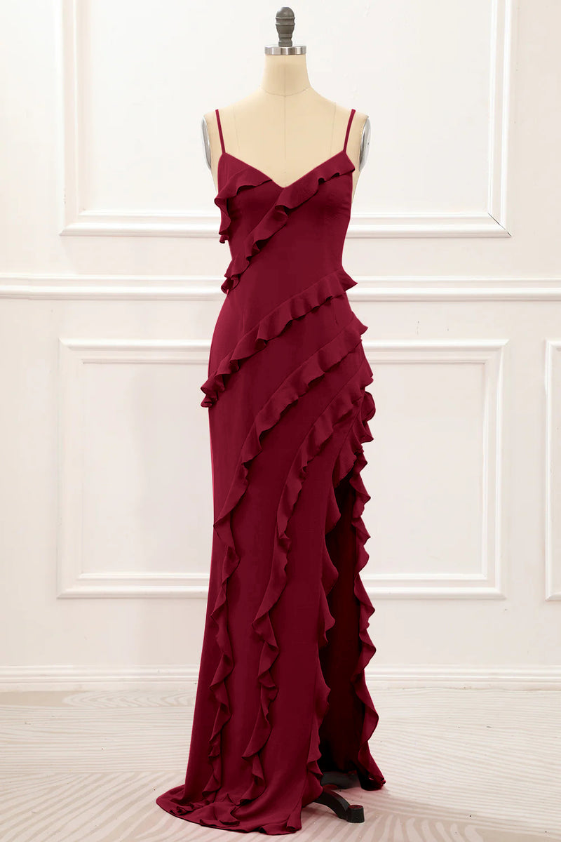 Load image into Gallery viewer, Burgundy Backless Spaghetti Straps Prom Dress With Slit